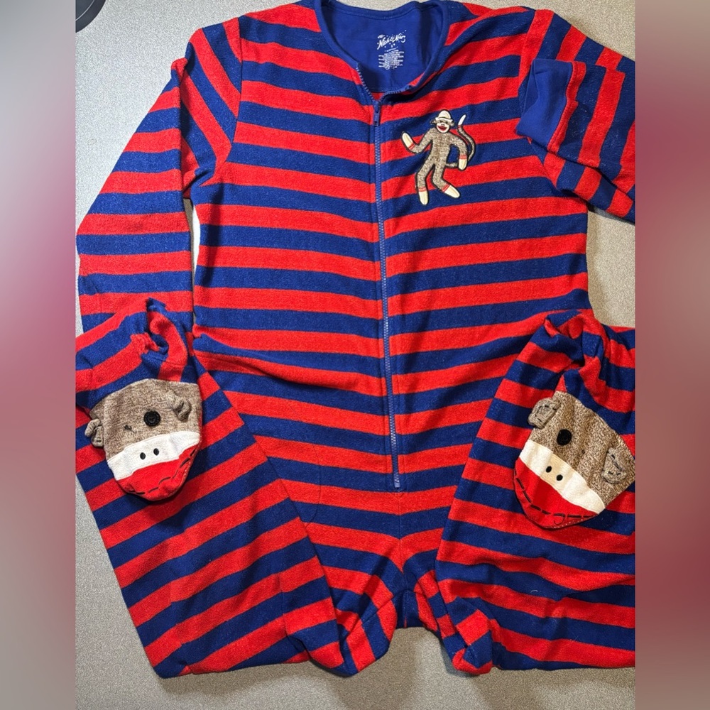 Nick & Nora Blue Red Stripe One Piece Sock Monkey Footie Pajamas‎ Size Small